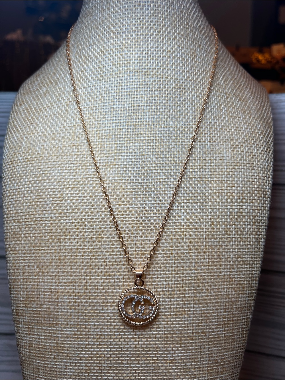 Designer inspired GG gold tone rhinestone necklace